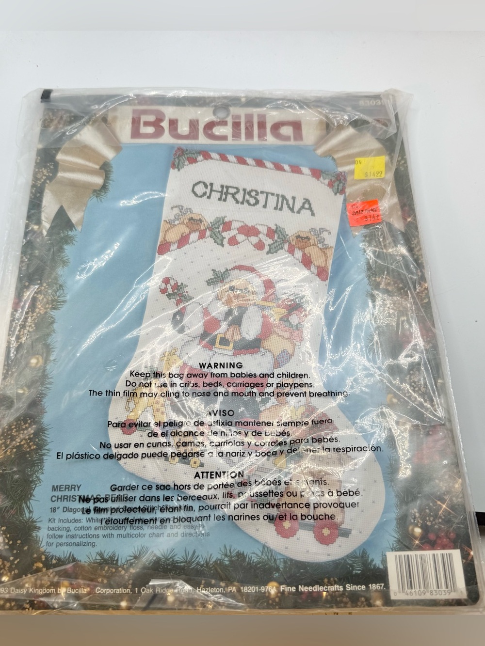 Bucilla White, Red,Green Santa Cross Stitch Stocking Kit 14 count stamped fabric